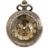 ManChDa Taschenuhr für Herren, spezielle Lupe, mechanisch, Handaufzug, Halbjäger, römische Ziffern, Antike Bronze Taschenuhr mit Kette - 1