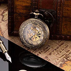 ManChDa Taschenuhr für Herren, spezielle Lupe, mechanisch, Handaufzug, Halbjäger, römische Ziffern, Antike Bronze Taschenuhr mit Kette - 7