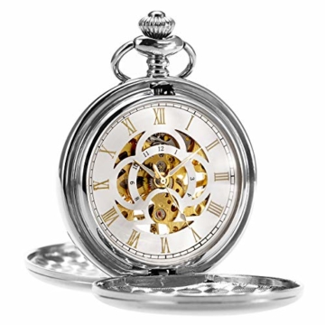 Taschenuhr - ManChDa Unisex Taschenuhr mit Kette Analog Handaufzug Doppelscharnier Antik Graviert Römische (01.Silver with Gold) - 2