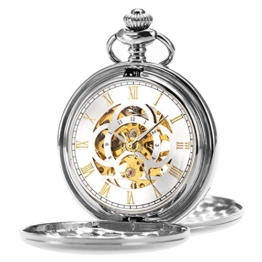 Taschenuhr - ManChDa Unisex Taschenuhr mit Kette Analog Handaufzug Doppelscharnier Antik Graviert Römische (01.Silver with Gold) - 1