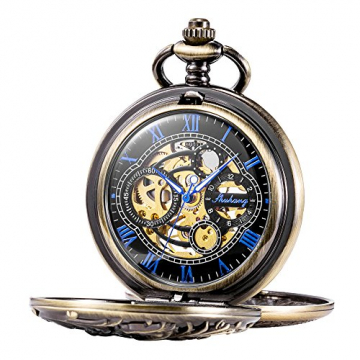 TREEWETO Unisex Taschenuhr mit Kette Analog Handaufzug Doppelscharnier Antik Drache Skelett Bronze - 1