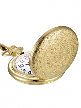 Golden Vintage Edelstahl Quarz Taschenuhr mit Halskette Kette - 1