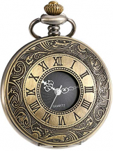 Vintage Römische Ziffern Skala Quarz Taschenuhr mit Kette (Bronze) - 1