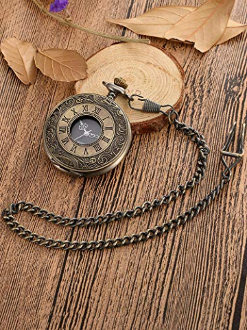 Vintage Römische Ziffern Skala Quarz Taschenuhr mit Kette (Bronze) - 2