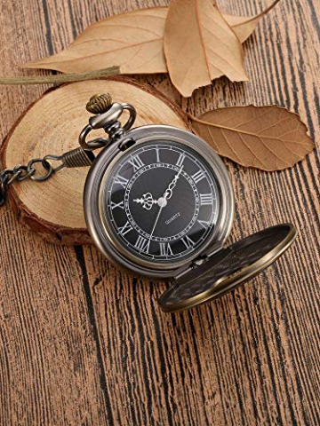 Vintage Römische Ziffern Skala Quarz Taschenuhr mit Kette (Bronze) - 3