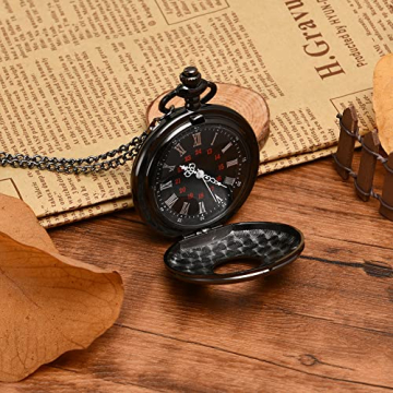 Vicloon Vintage Taschenuhr, Retro Quarz Taschenuhr, Taschenuhr mit Kette, Retro Taschenuhr Herren mit Kette, Taschenuhr für Männer Frauen Vater Opa Geburtstag Jahrestag(Schwarz) - 6