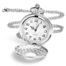 Vicloon Vintage Taschenuhr, Retro Quarz Taschenuhr, Taschenuhr mit Kette, Retro Taschenuhr Herren mit Kette, Taschenuhr für Männer Frauen Vater Opa Geburtstag Jahrestag(Silber) - 1