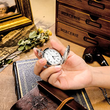 Yaomiao Vintage Taschenuhr Glatte Quarz Taschenuhr mit Kette Antik Kettenuhr mit Arabischen Ziffern für Damen Herren Vater Opa Geburtstag Jahrestag (Silber) - 6