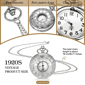 Yaomiao Vintage Taschenuhr Glatte Quarz Taschenuhr mit Kette Antik Kettenuhr mit Arabischen Ziffern für Damen Herren Vater Opa Geburtstag Jahrestag (Silber) - 2